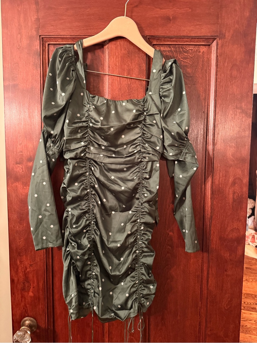 For Love And Lemons Olive Green Polka Dot Ruched Long Sleeve Mini Dress